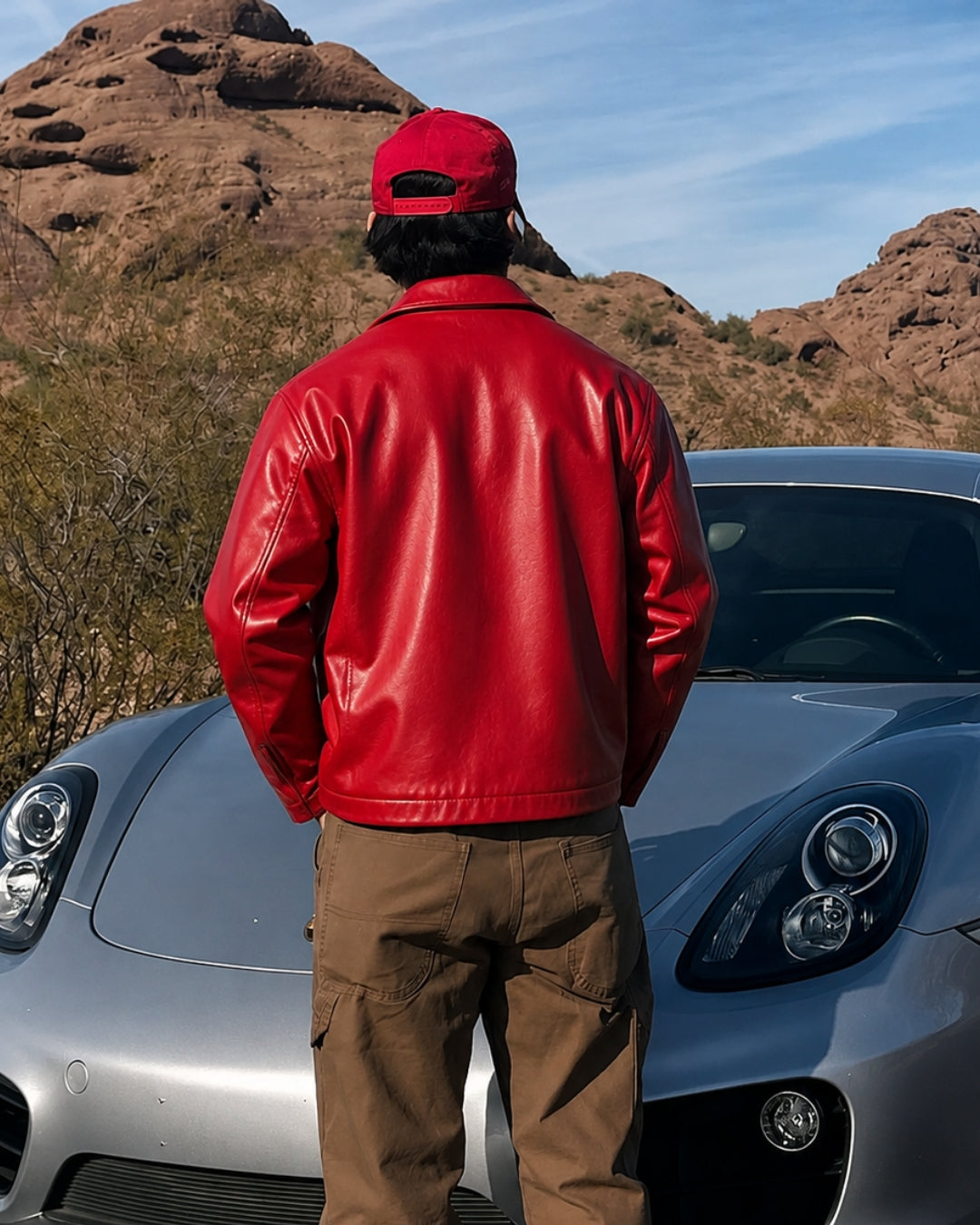 CHERRY RED PLAIN UNISEX COLLAR LEATHER JACKET