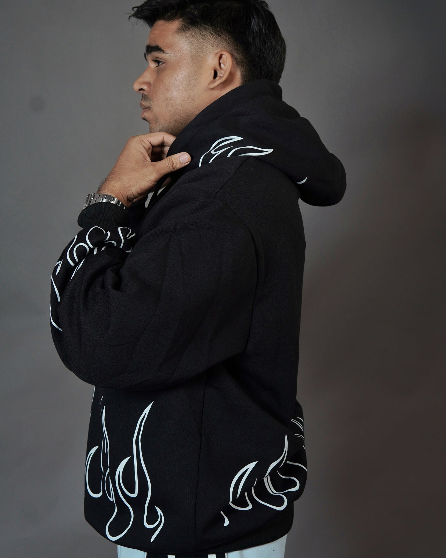 ASTHETIC BLACK UNISEX WHITE FLAME HOODIE