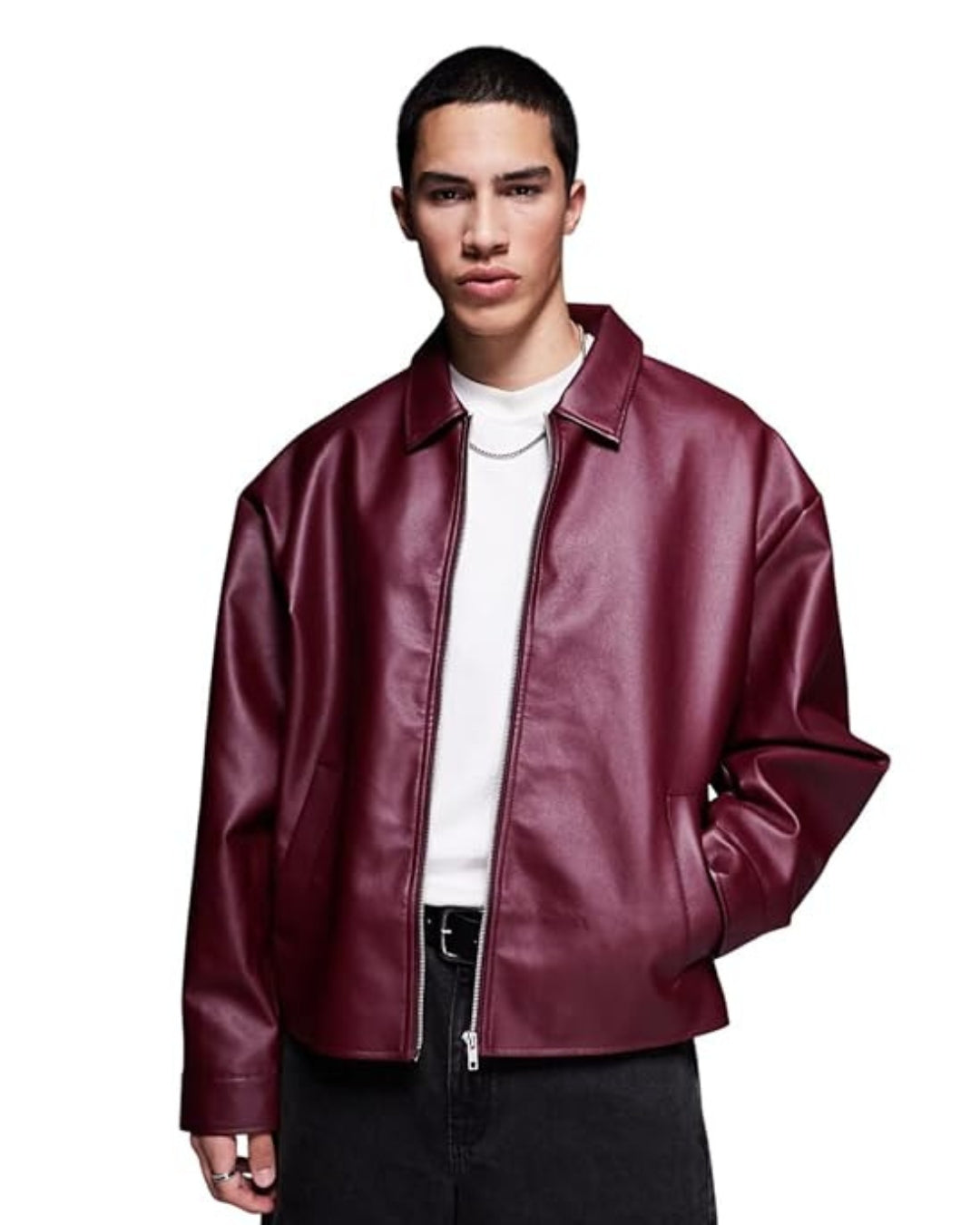 BURGUNDY PLAIN UNISEX COLLAR LEATHER JACKET