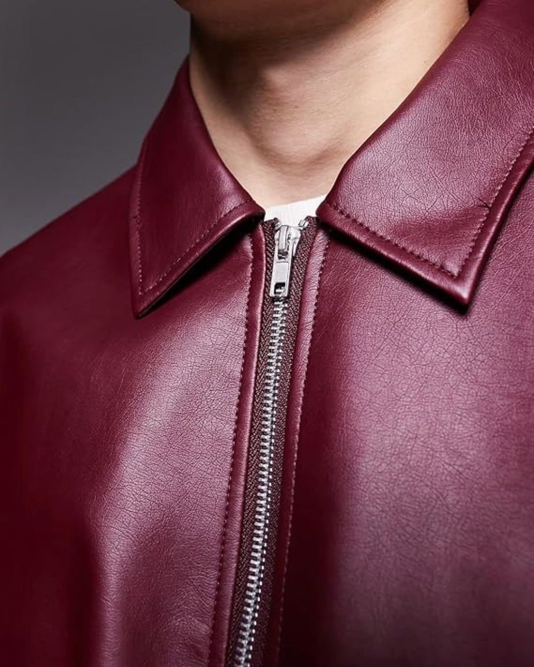 BURGUNDY PLAIN UNISEX COLLAR LEATHER JACKET