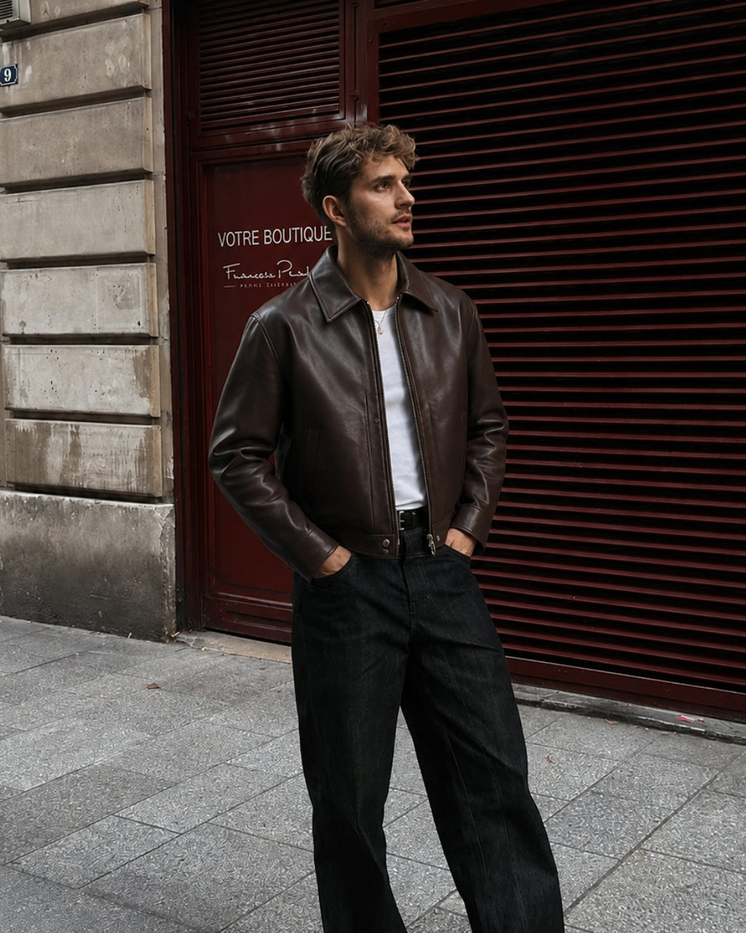 BROWN  PLAIN UNISEX COLLAR LEATHER JACKET
