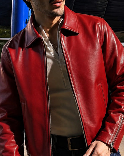 CHERRY RED PLAIN UNISEX COLLAR LEATHER JACKET