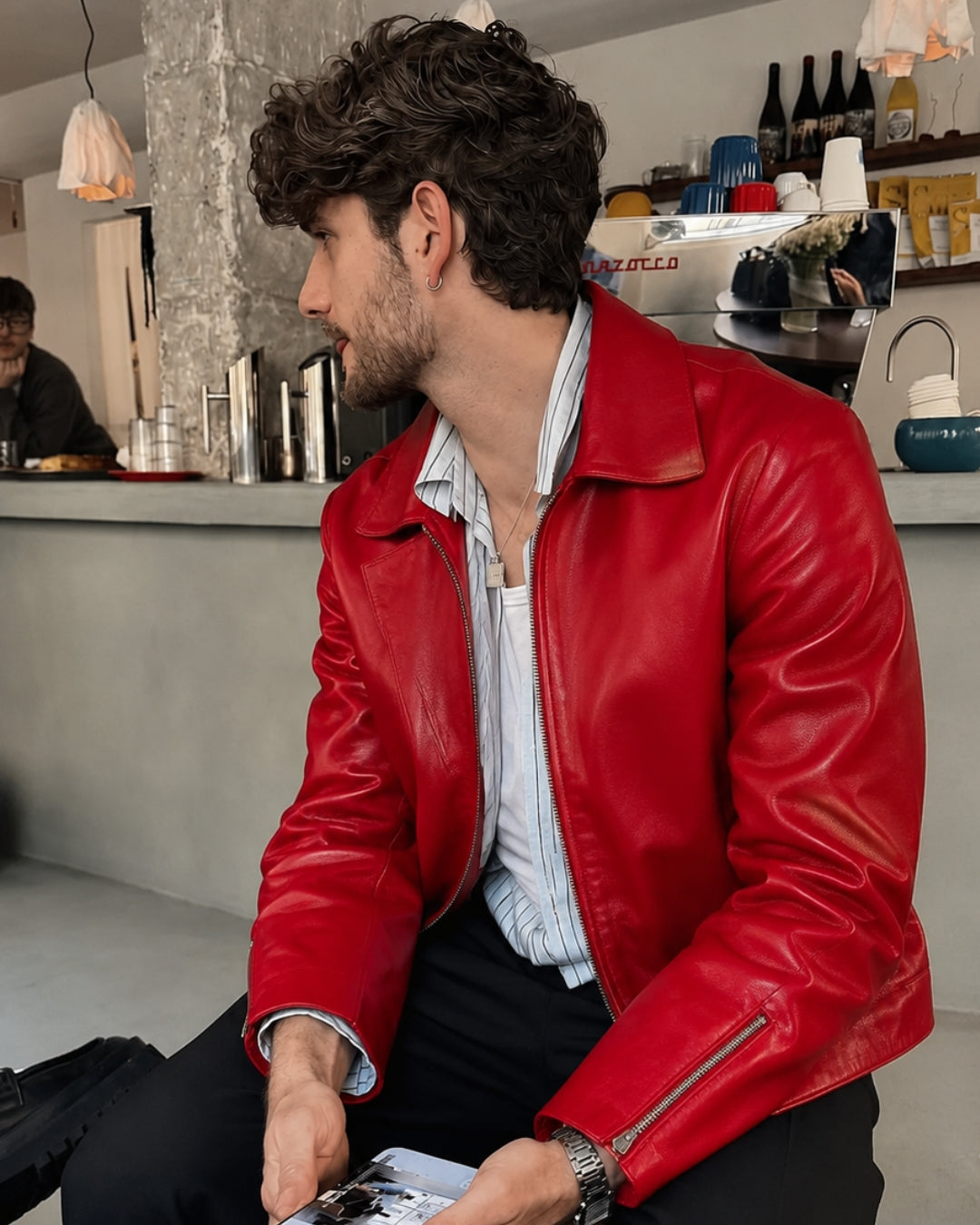 CHERRY RED PLAIN UNISEX COLLAR LEATHER JACKET