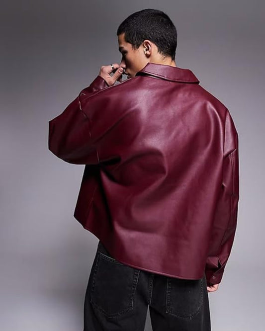 BURGUNDY PLAIN UNISEX COLLAR LEATHER JACKET