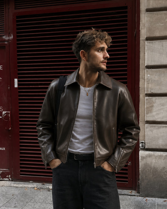BROWN  PLAIN UNISEX COLLAR LEATHER JACKET