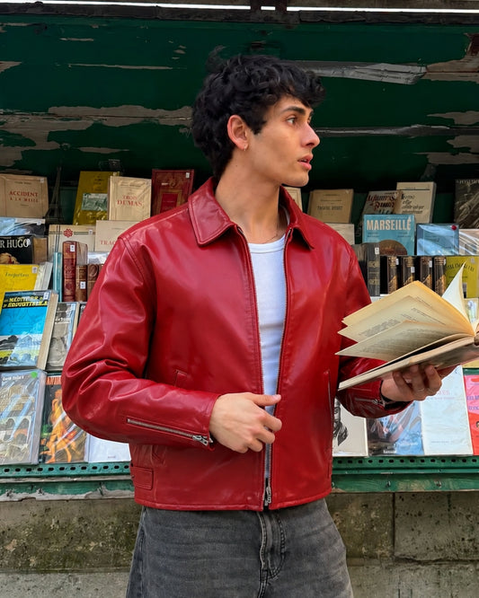 CHERRY RED PLAIN UNISEX COLLAR LEATHER JACKET