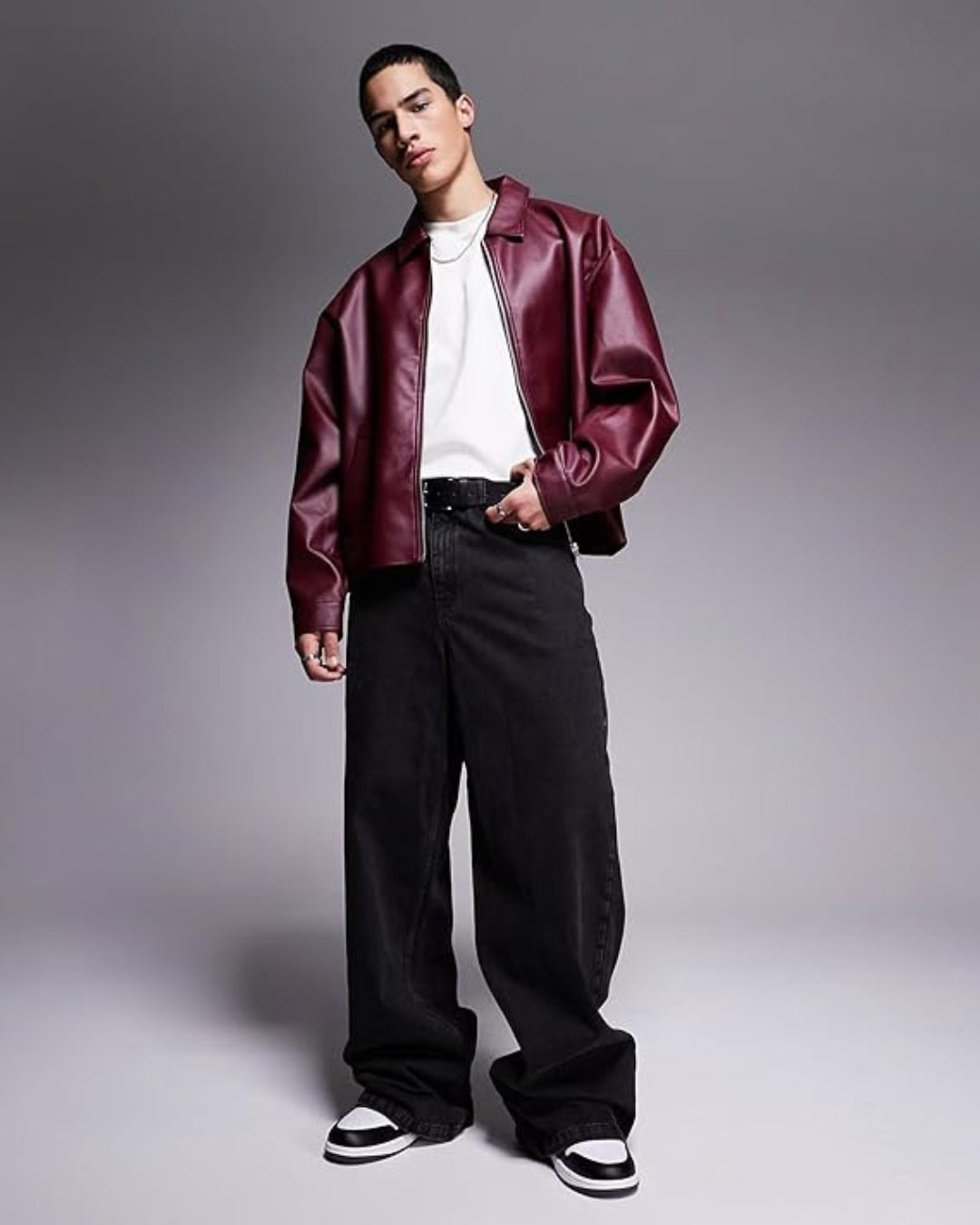 BURGUNDY PLAIN UNISEX COLLAR LEATHER JACKET