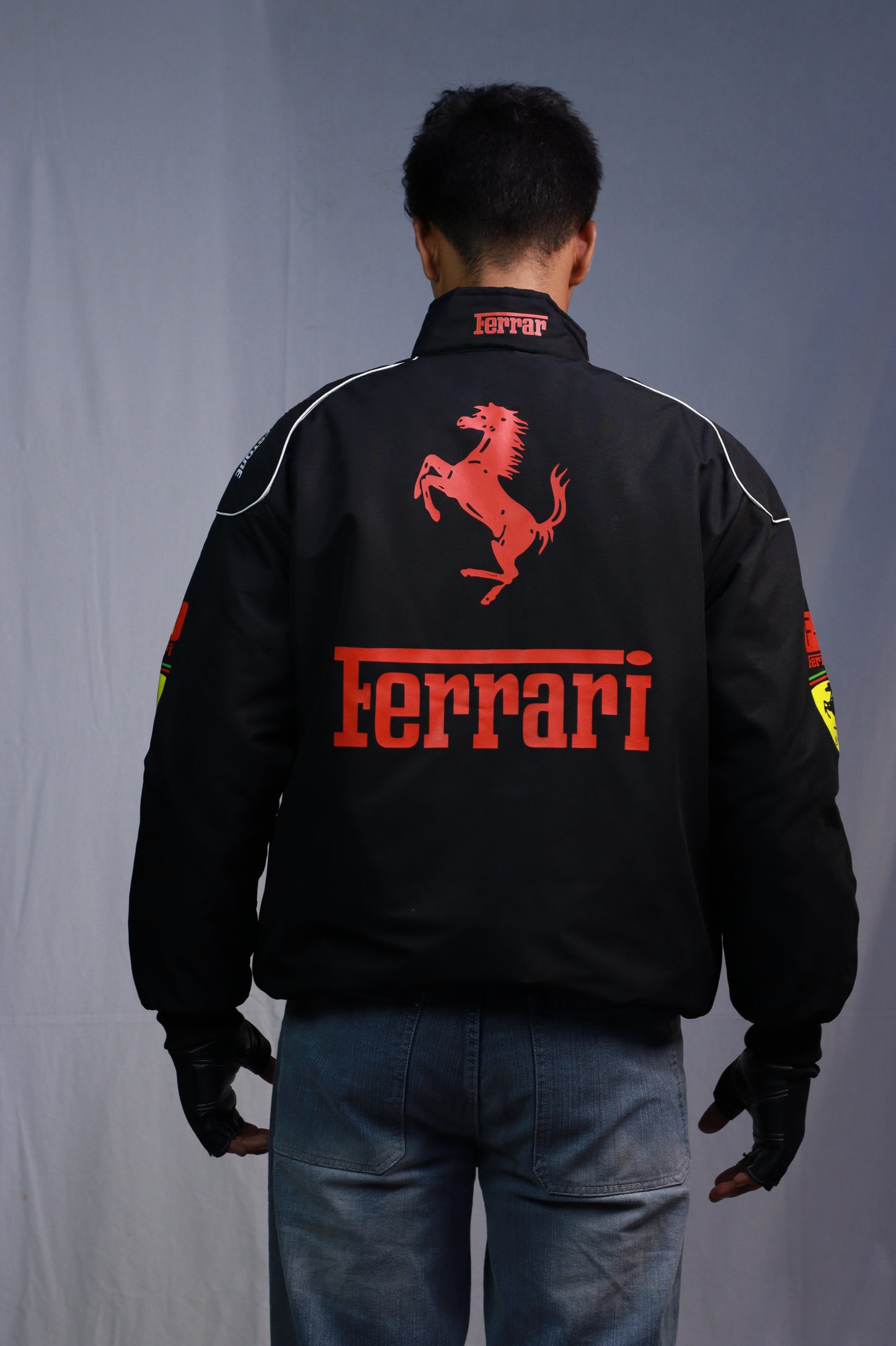 F1 FERRARI BLACK PUFFER PRINTED UNISEX JACKET