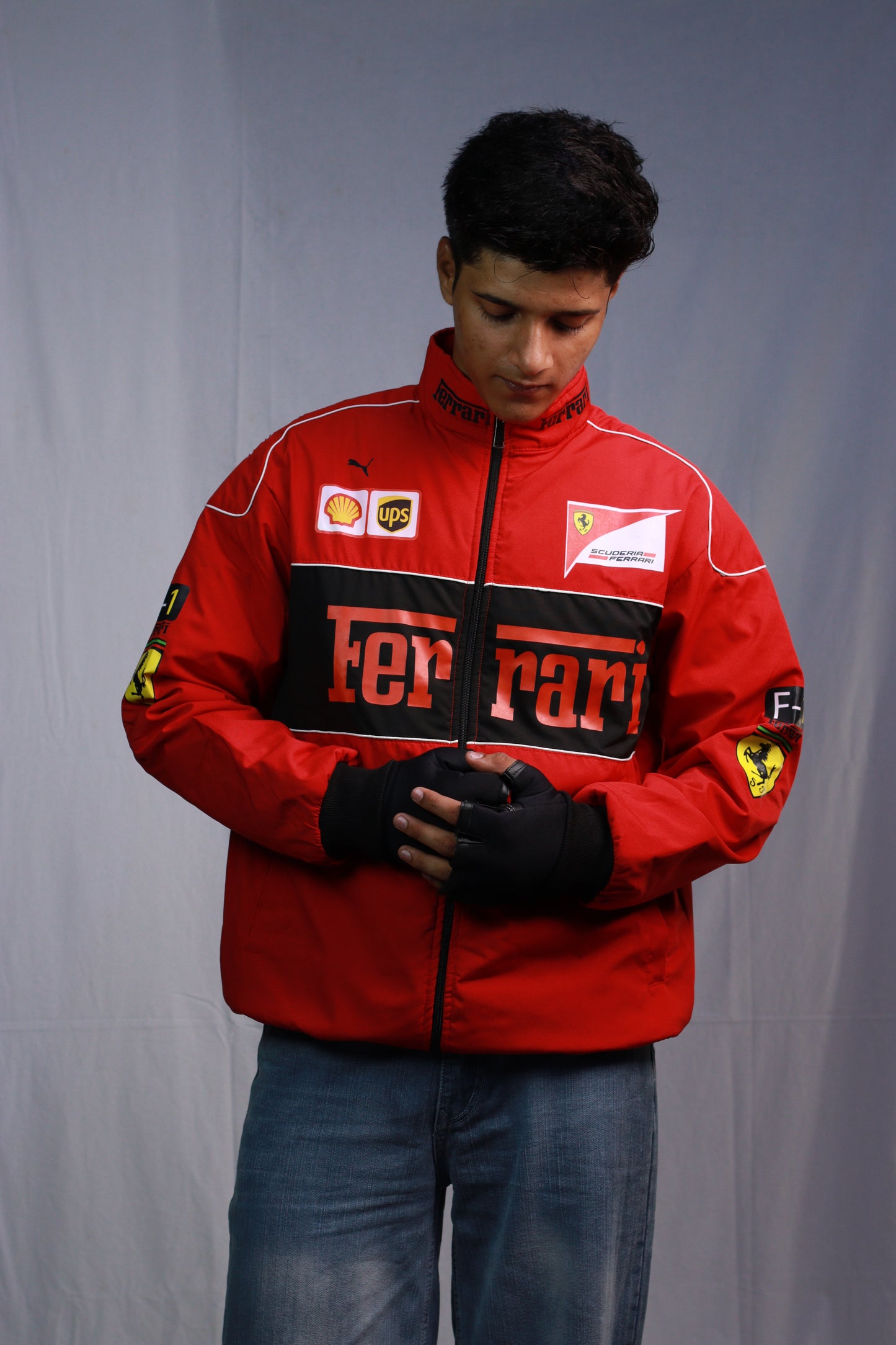 F1 FERRARI RED PUFFER PRINTED UNISEX JACKET
