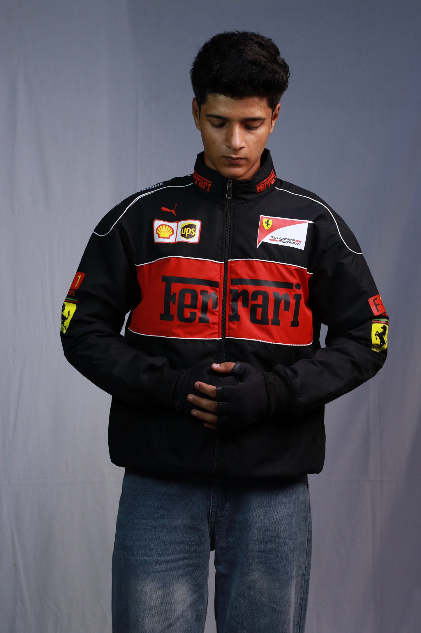 F1 FERRARI BLACK PUFFER PRINTED UNISEX JACKET