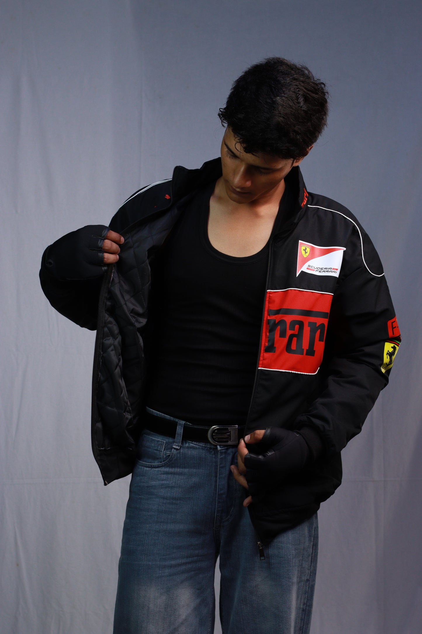 F1 FERRARI BLACK PUFFER PRINTED UNISEX JACKET