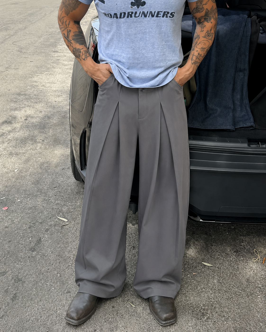 GREY DOUBLE PLATE WIDE LEG PANT